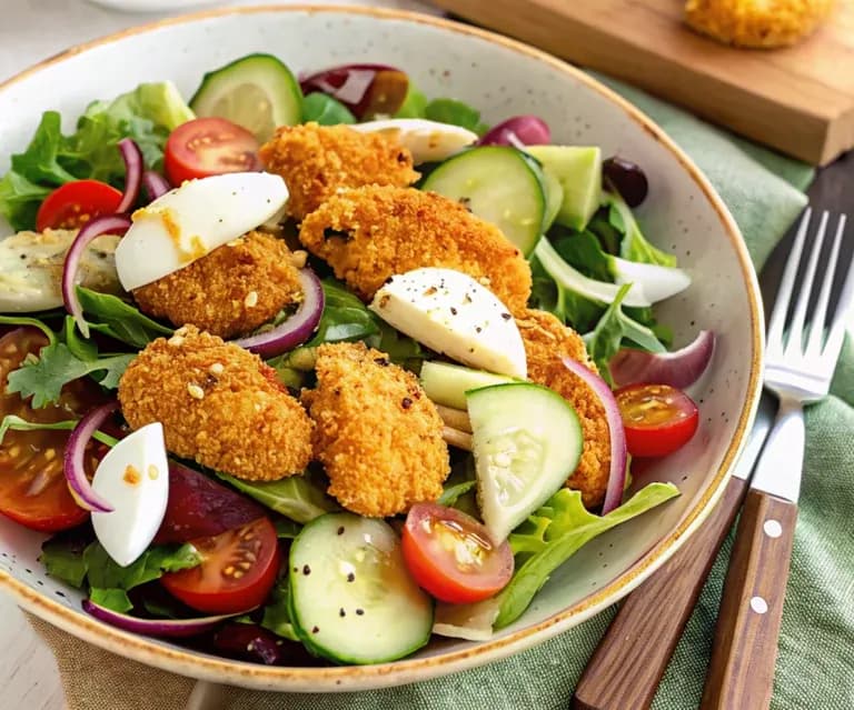 Salad with breaded Nuggets, cherry tomatoes, red onion, mozzarella, cucumber and olive oil